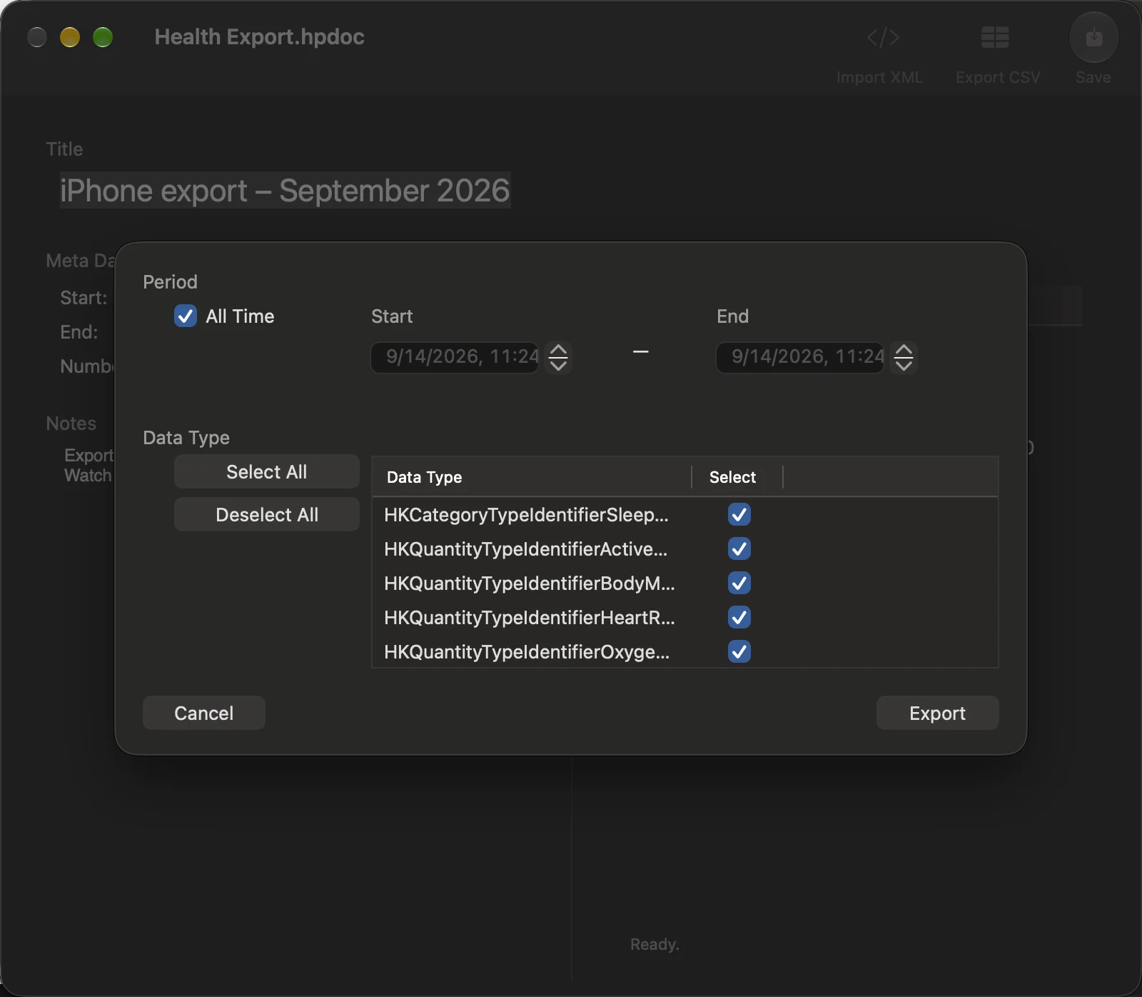 HealthKit Parser 畫面：匯出為 CSV