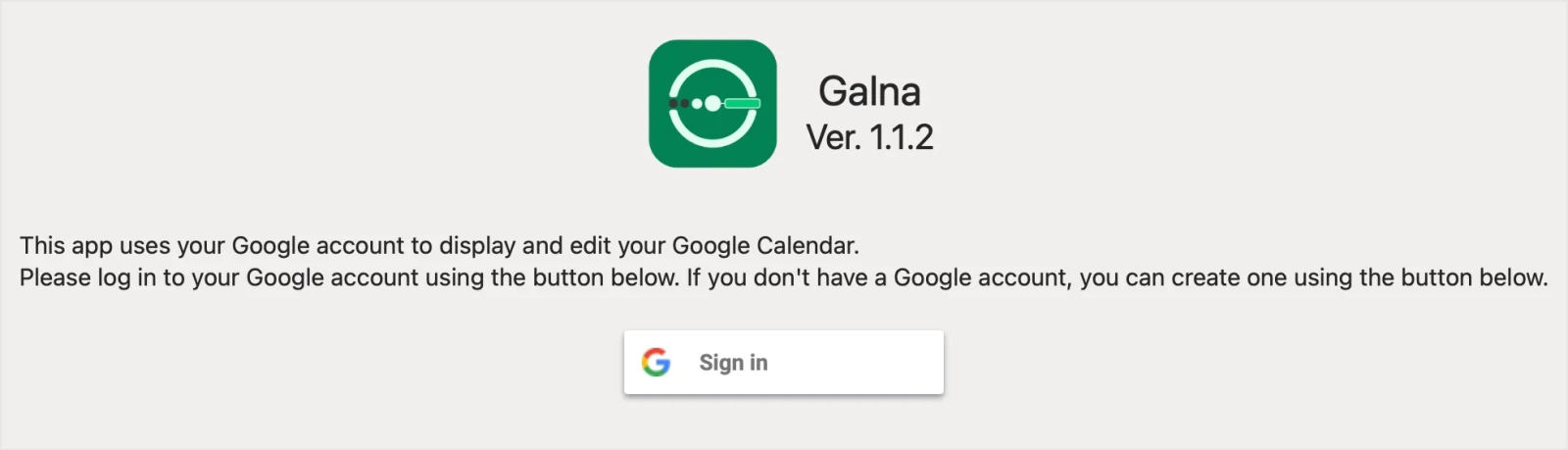 Galna sign-in screen