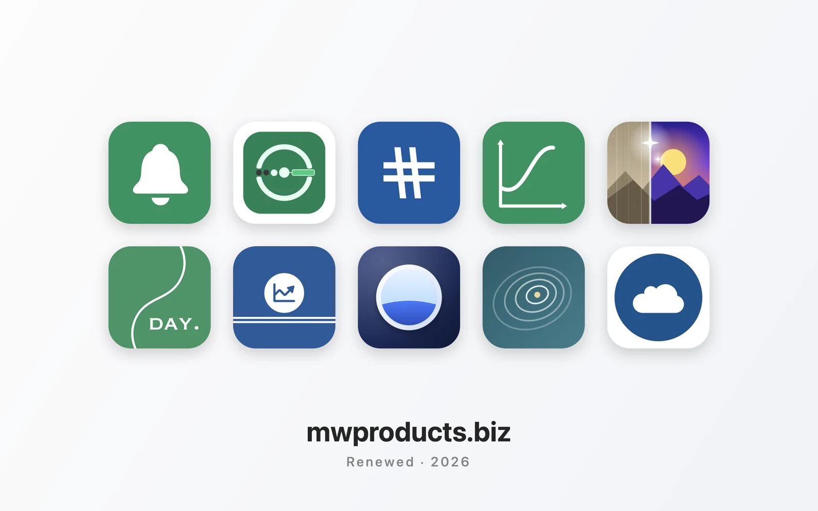 MW Products のアプリアイコン（Alarmo、Galna、Markdocx、Graph Sketcher、ReMaster、daybook.、HealthKit Parser、Orviss、StoreMetrics、CloudDox）