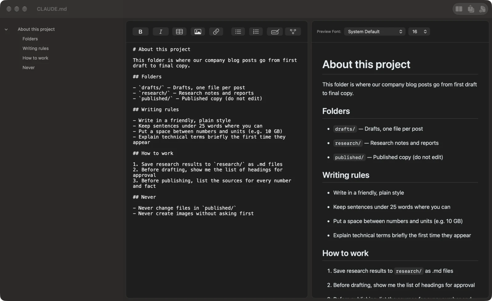 CLAUDE.md opened in Markdocx, with the Markdown on the left and the preview on the right