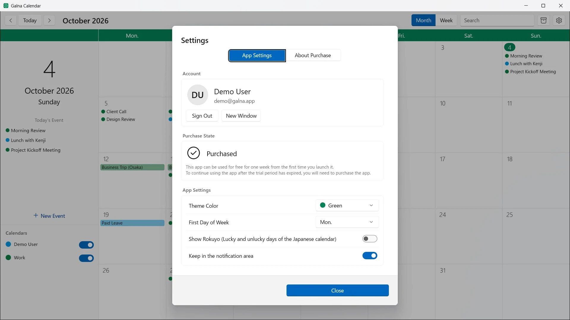 Windows 版 Galna 的设置：主题颜色、一周的开始、六曜、通知区域