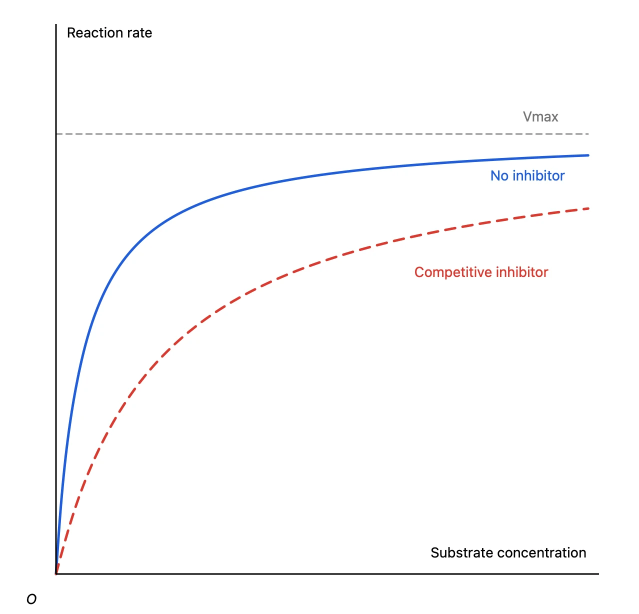 Reaction rate against substrate concentration: the curve with no inhibitor, a dashed curve with a competitive inhibitor and a guide line at Vmax