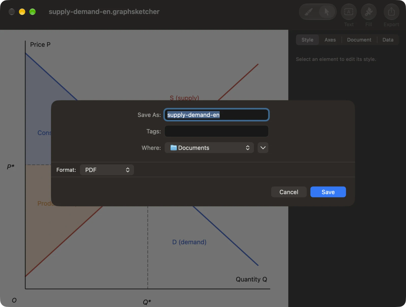 The Export panel with PDF chosen as the format