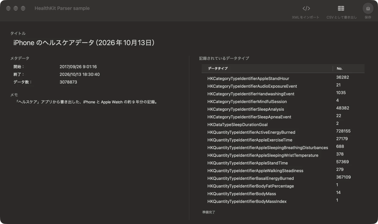 記録の期間とデータ数、データの種類ごとの件数