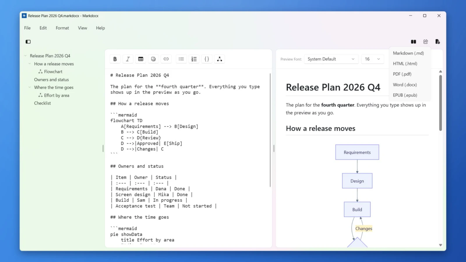 The export menu in Markdocx for Windows: Markdown, HTML, PDF, Word and EPUB