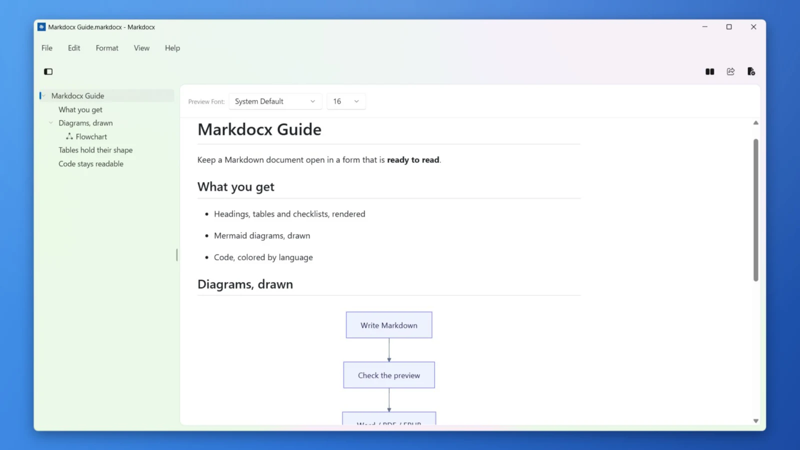 Markdocx for Windows showing a document in the preview-only layout