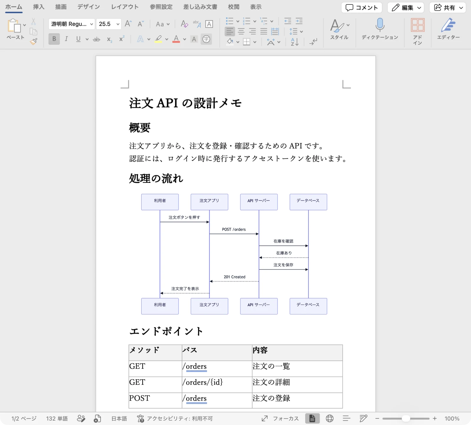Markdocx から書き出した Word 文書を Word で開いた画面。見出し、本文、シーケンス図、表