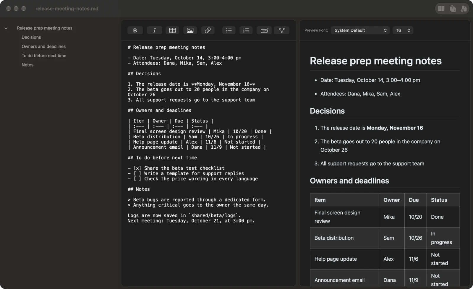 Markdocx for Mac with Markdown on the left and the preview on the right