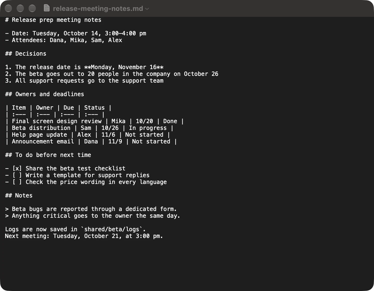 A .md file opened in TextEdit, with headings and tables shown as symbols