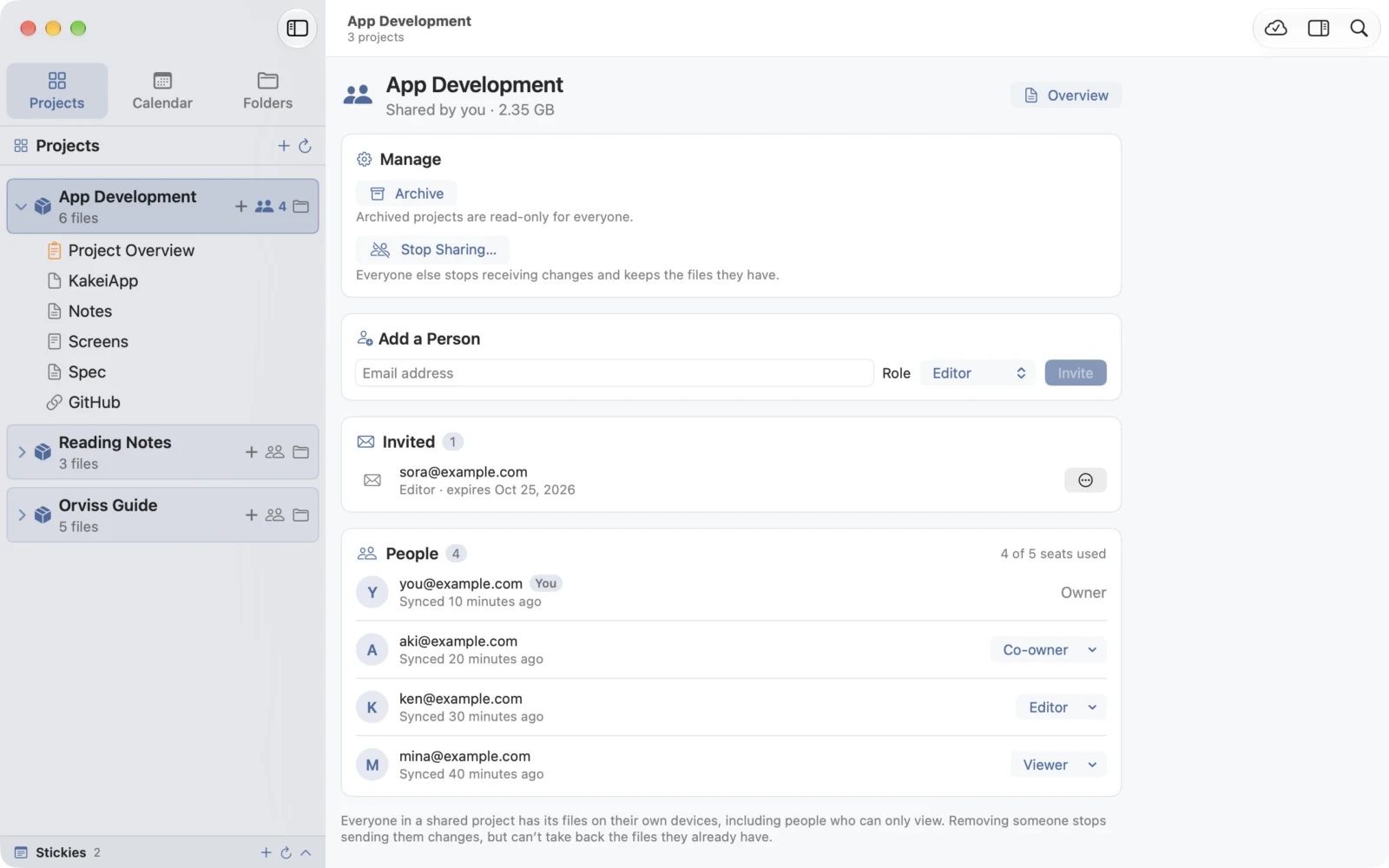 The sharing screen for a project in Orviss for Mac, with a pending invitation and members who are a co-owner, an editor and a viewer