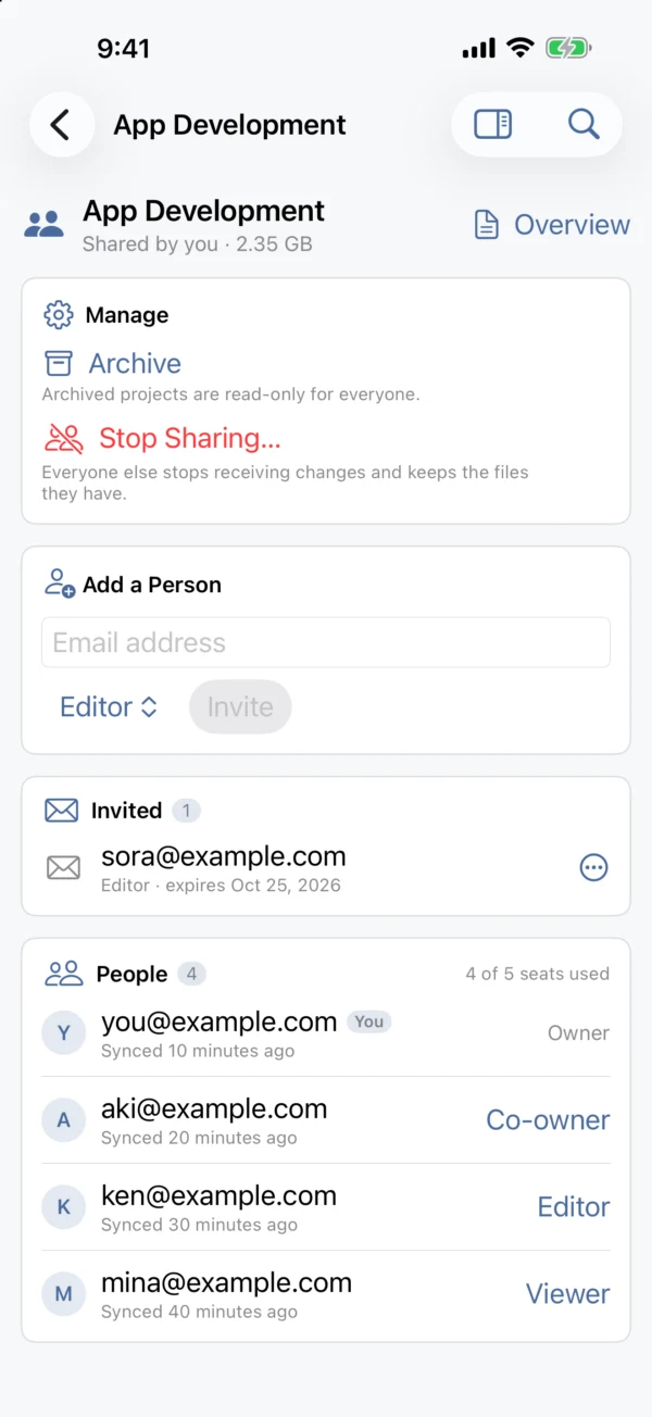 The sharing screen for a project in Orviss for iPhone