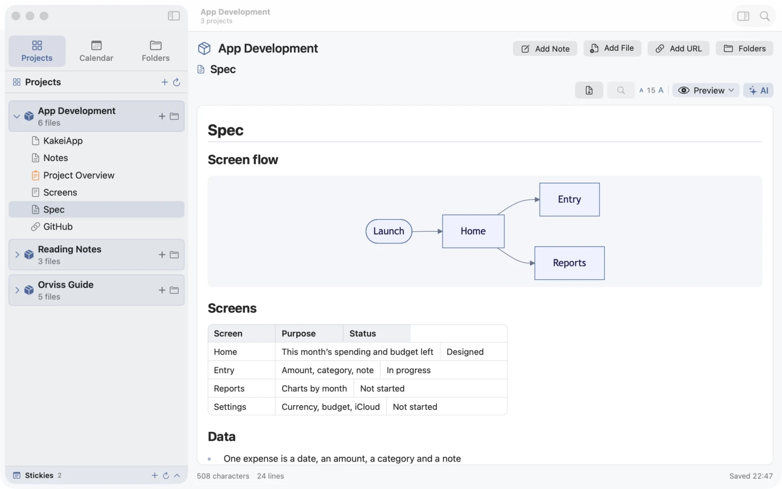 A note with a Mermaid diagram and a table in Preview in Orviss