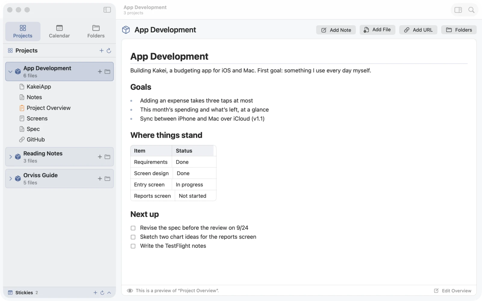 The project list in Orviss, with a Project Overview open