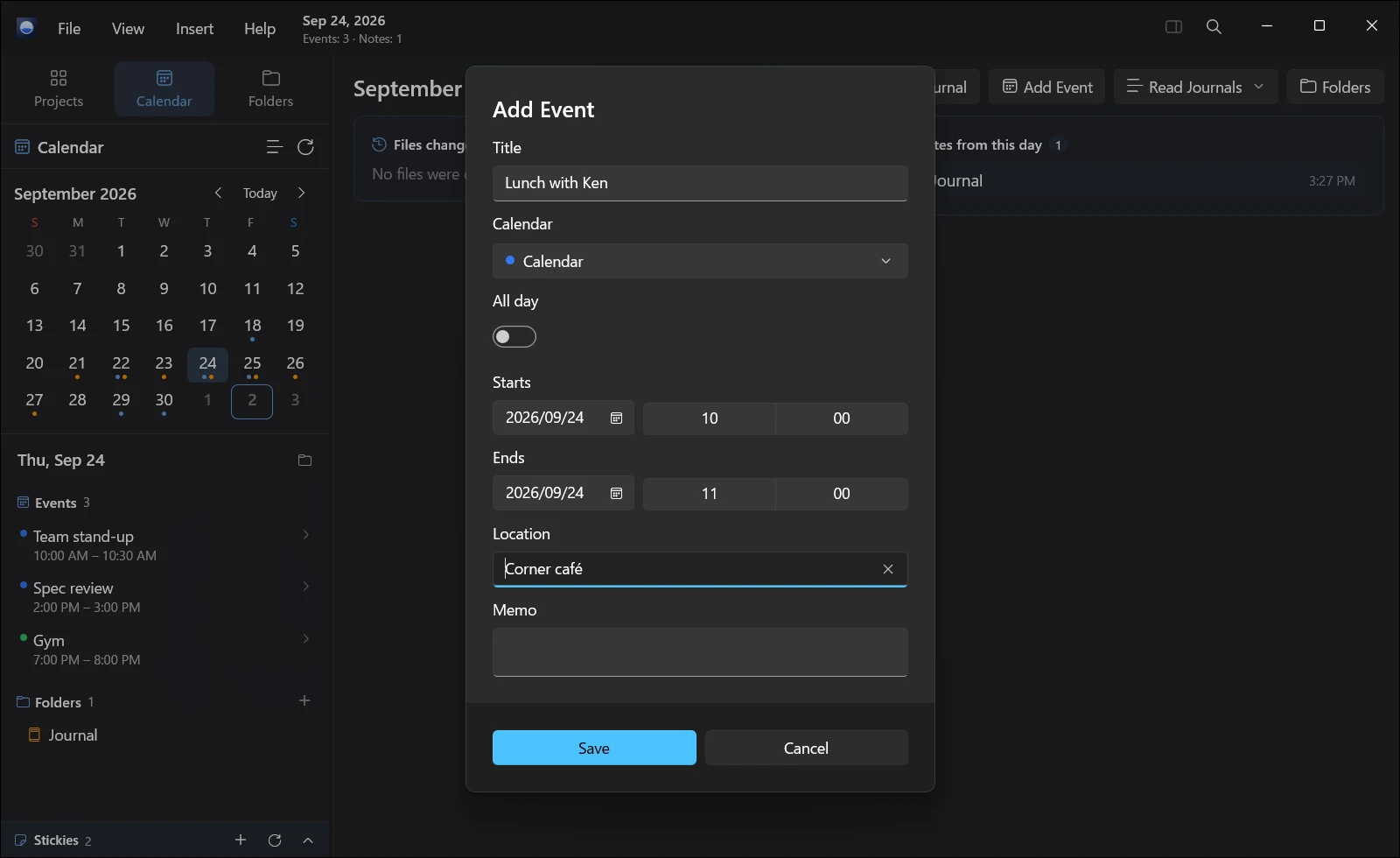 Adding an event from the calendar in Orviss for Windows (dark theme)