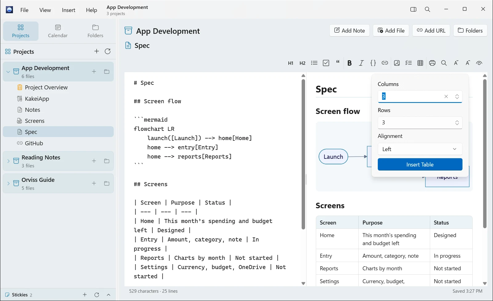 Orviss for Windows editing a Markdown spec in Split view and inserting a table