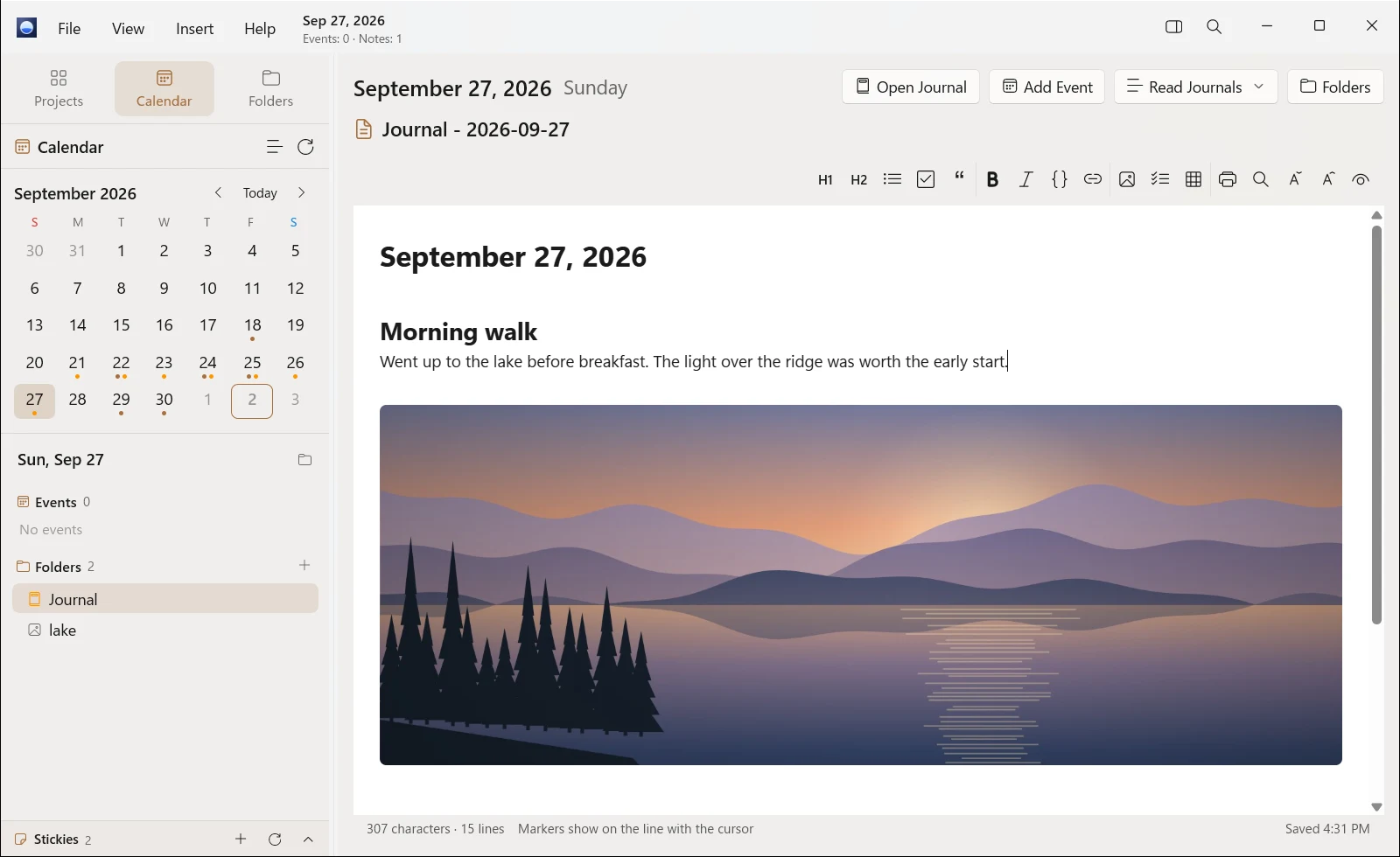 A day’s journal note with a photo in it