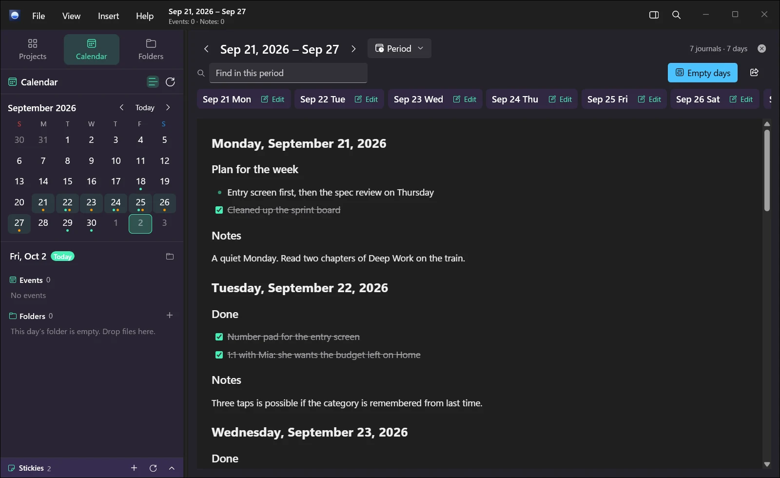 Orviss for Windows showing a week of journals on one page