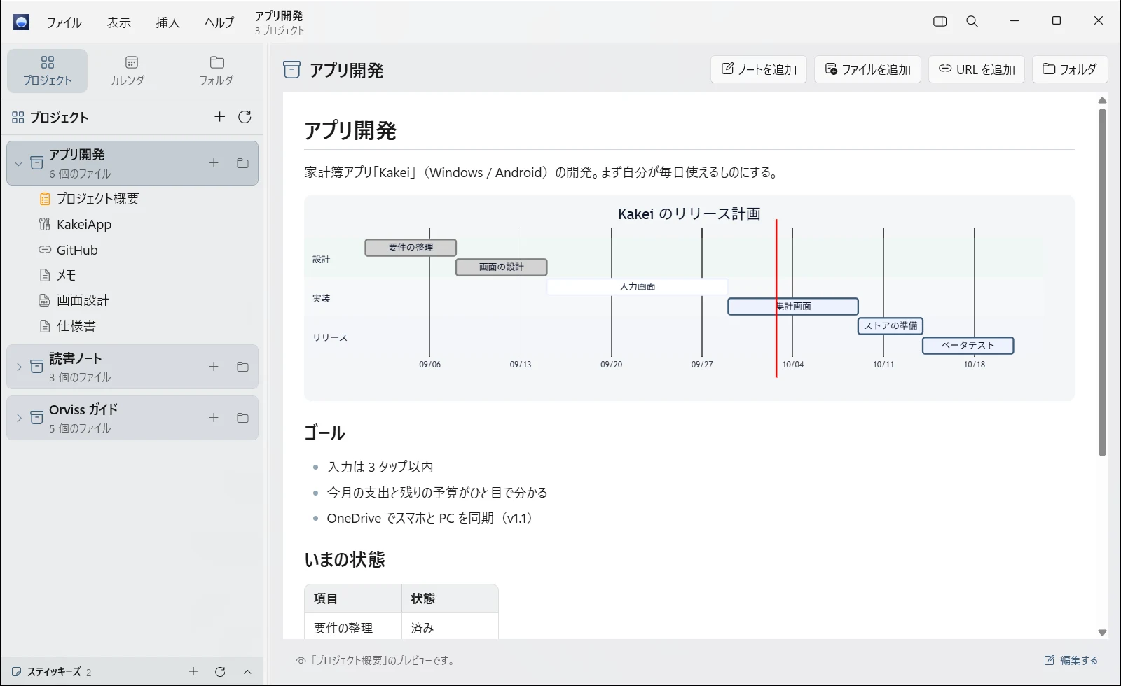 Windows 版 Orviss のプロジェクト概要。Mermaid のガントチャートと、プロジェクトのファイル一覧