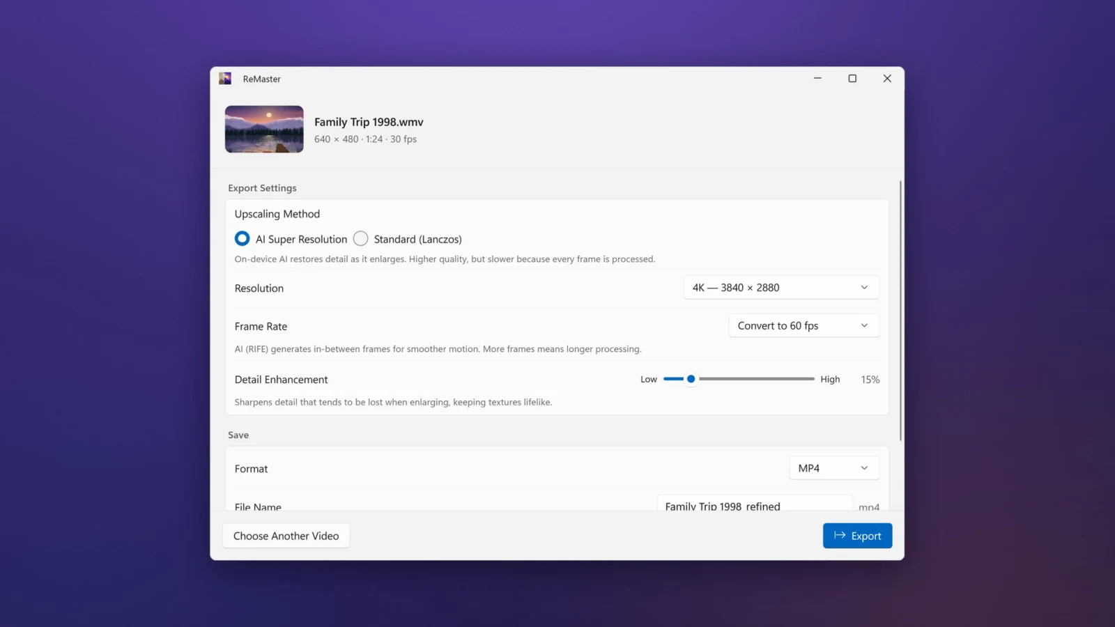 Export settings in ReMaster for Windows: a 640×480 WMV converted to 4K and 60 fps with AI Super Resolution