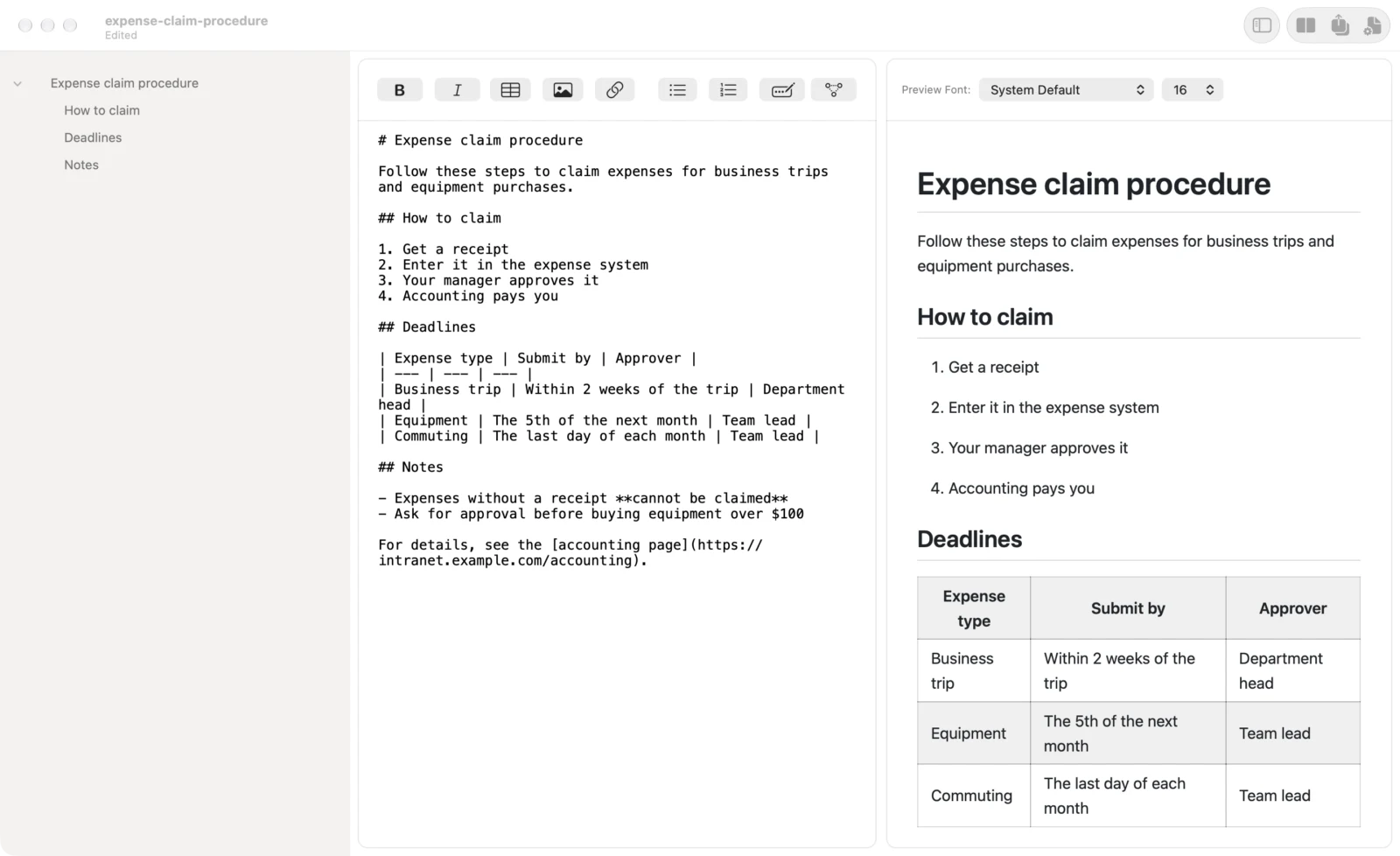 A Word document imported into Markdocx, with the converted Markdown on the left and the preview on the right