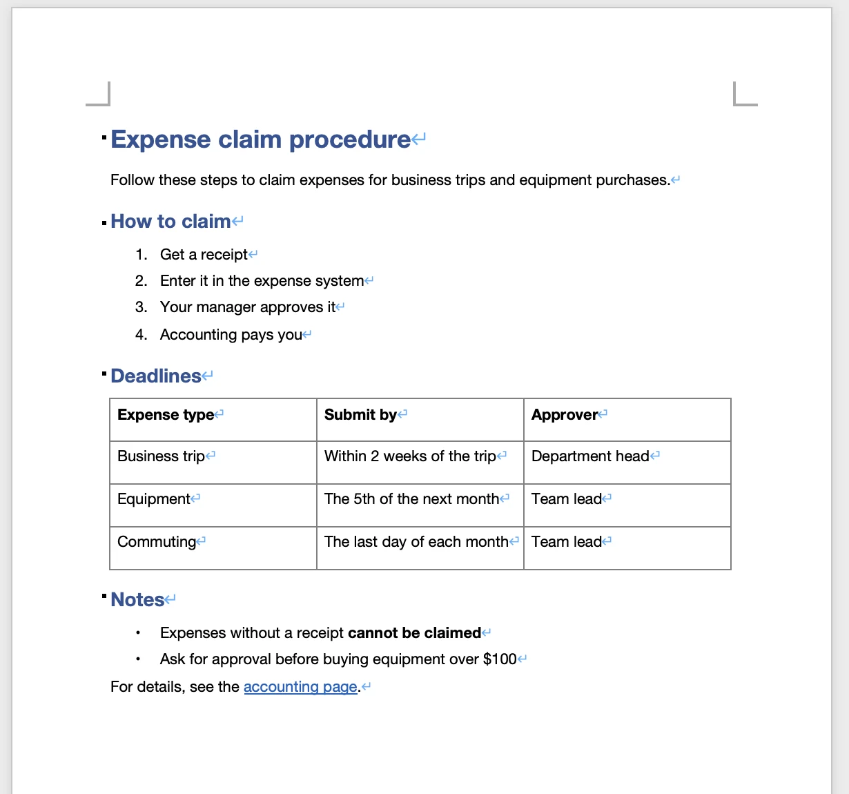The expense claim procedure opened in Word, with headings, numbered steps, a table of deadlines and a bulleted list of notes
